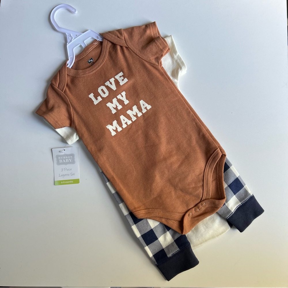 Hudson Baby Boys Cotton Bodysuit and Pant Set Brown Navy Mamas Short-Sleeve 6-9M